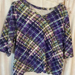 Size 2X Studio Works Women's purple, yellow, three quarter sleeve boatneck tee